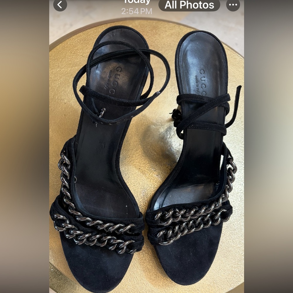 Gucci Black Suede Sandals with Silver Chain Accent and Platform